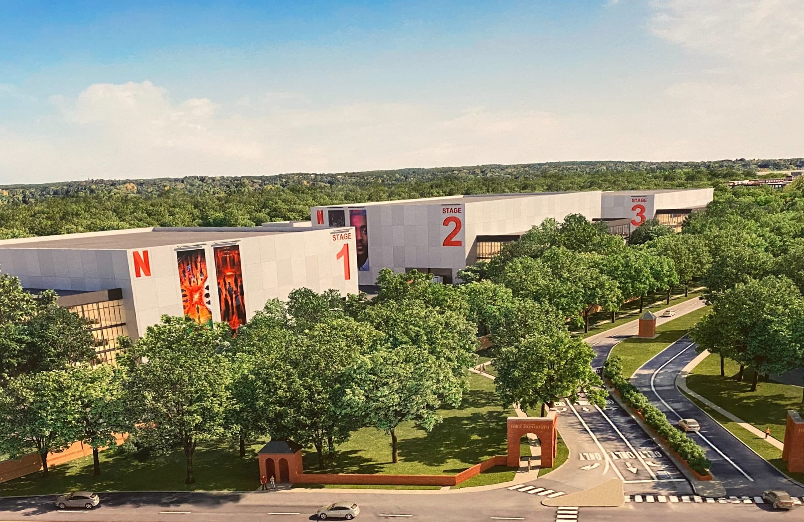 Aerial rendering of the Netflix Studios Fort Monmouth production campus, showing soundstages 1-3 and the historic Fort Monmouth gate